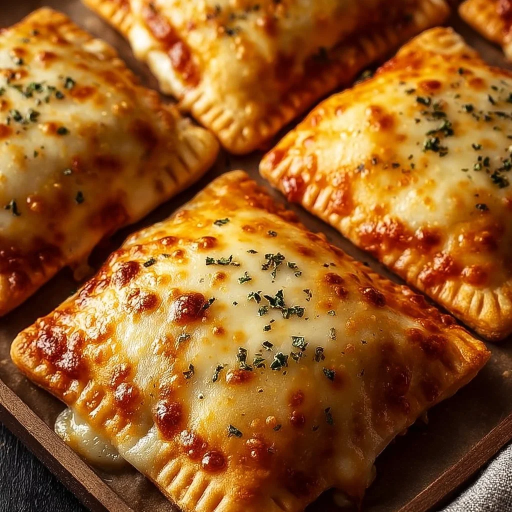 Plate of homemade cheesy pizza pockets filled with gooey cheese and toppings