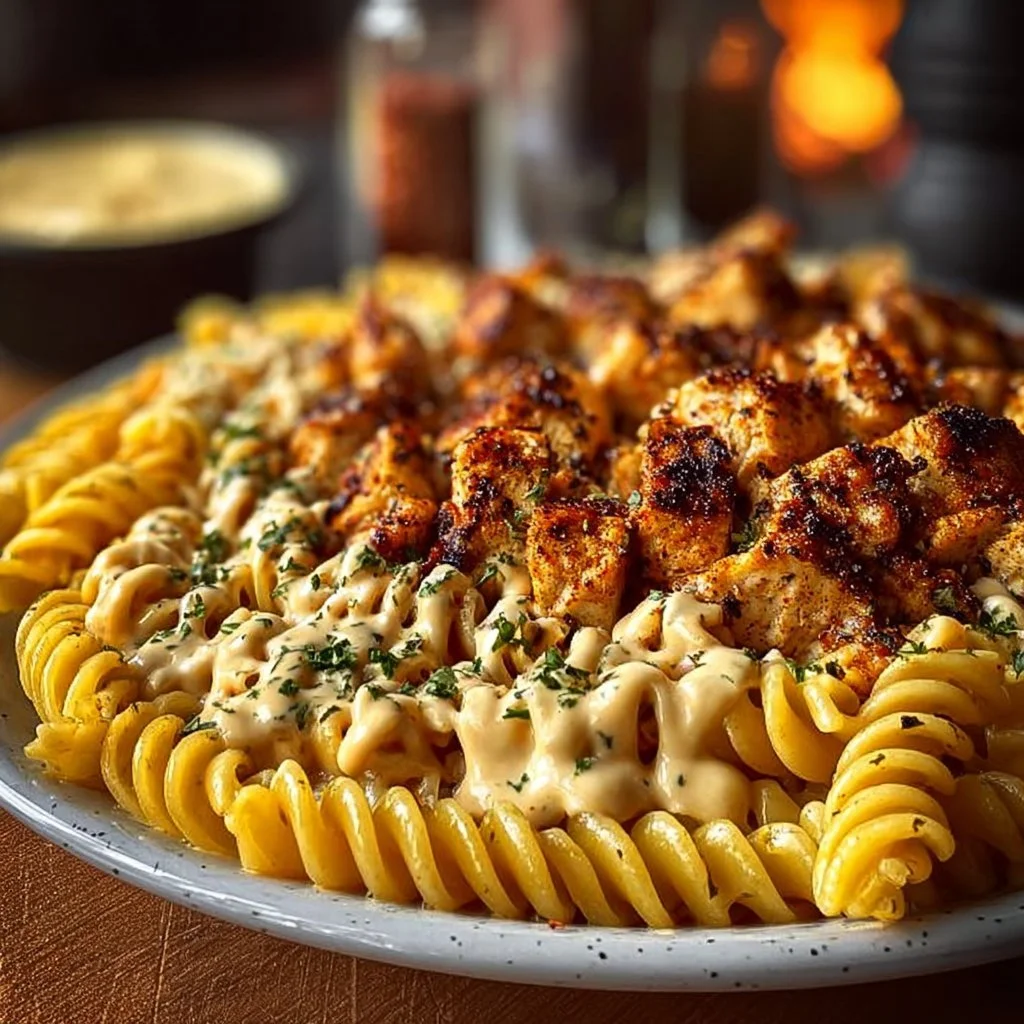 Creamy Velveeta Chicken Rotini pasta served in a bowl with a sprinkle of herbs