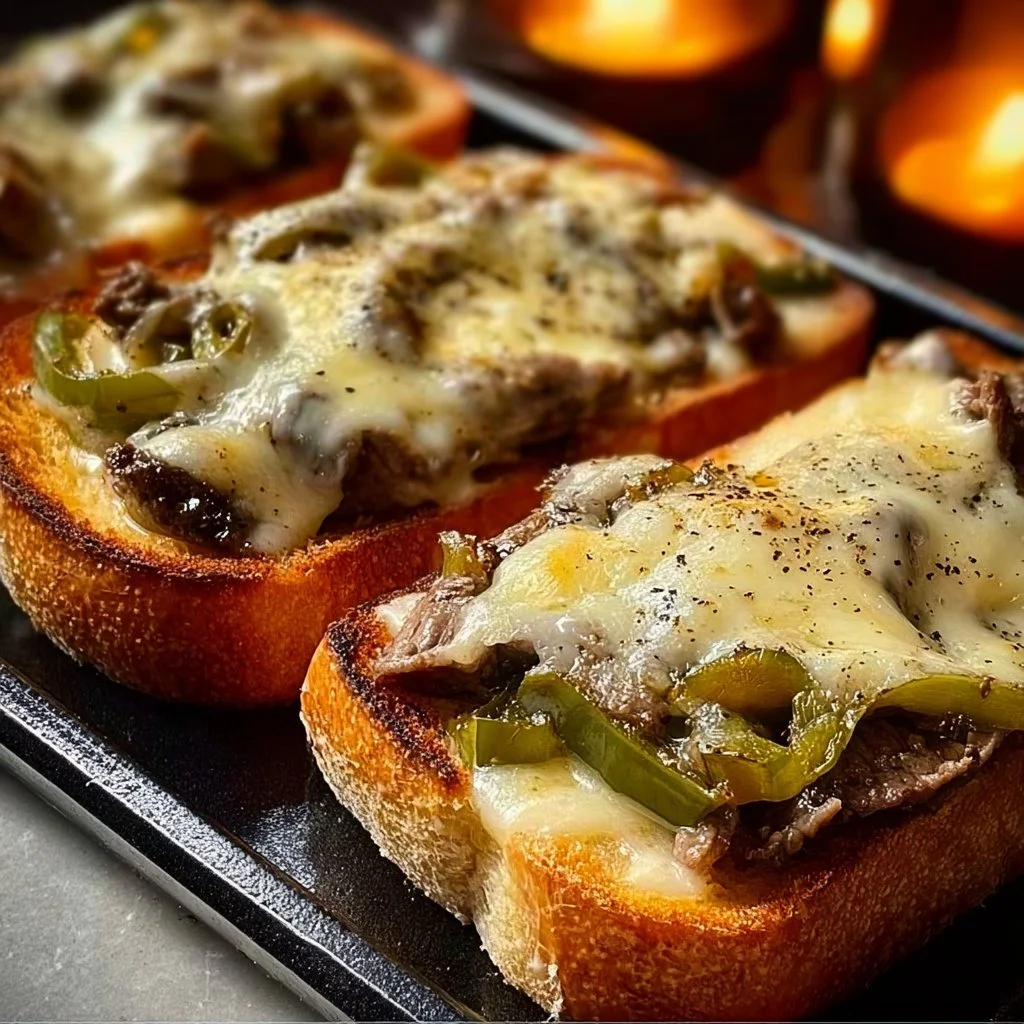 Delicious steak and cheese garlic toast served with herbs and cheese