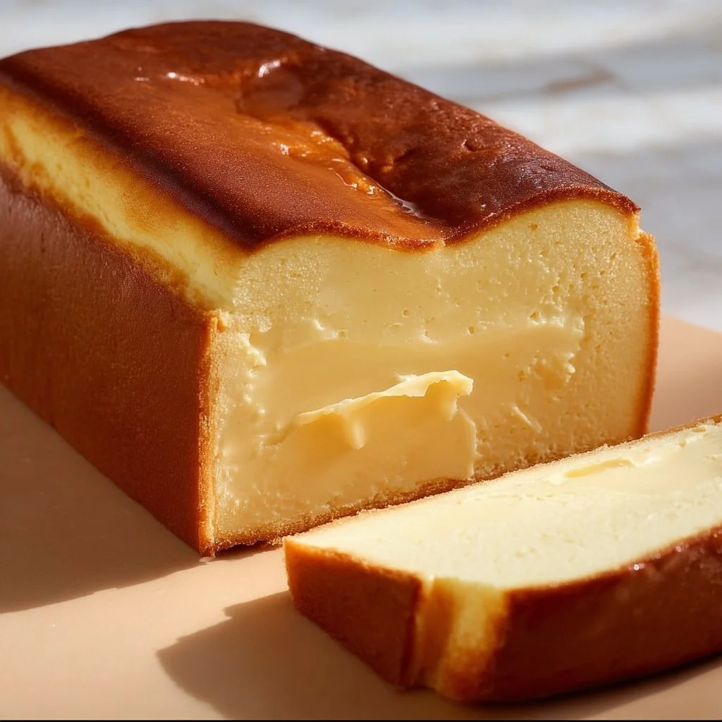 Indulgent burnt basque cheesecake in a loaf pan, showcasing its creamy texture and caramelized top.