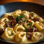 Creamy cheesesteak tortellini topped with rich provolone sauce in a bowl