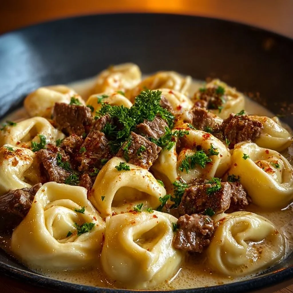 Creamy cheesesteak tortellini topped with rich provolone sauce in a bowl