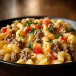 Delicious Loaded Cheeseburger Alfredo Pasta served in a bowl
