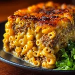 Cheesy Mac and Cheese Meatloaf Casserole dish served on a table