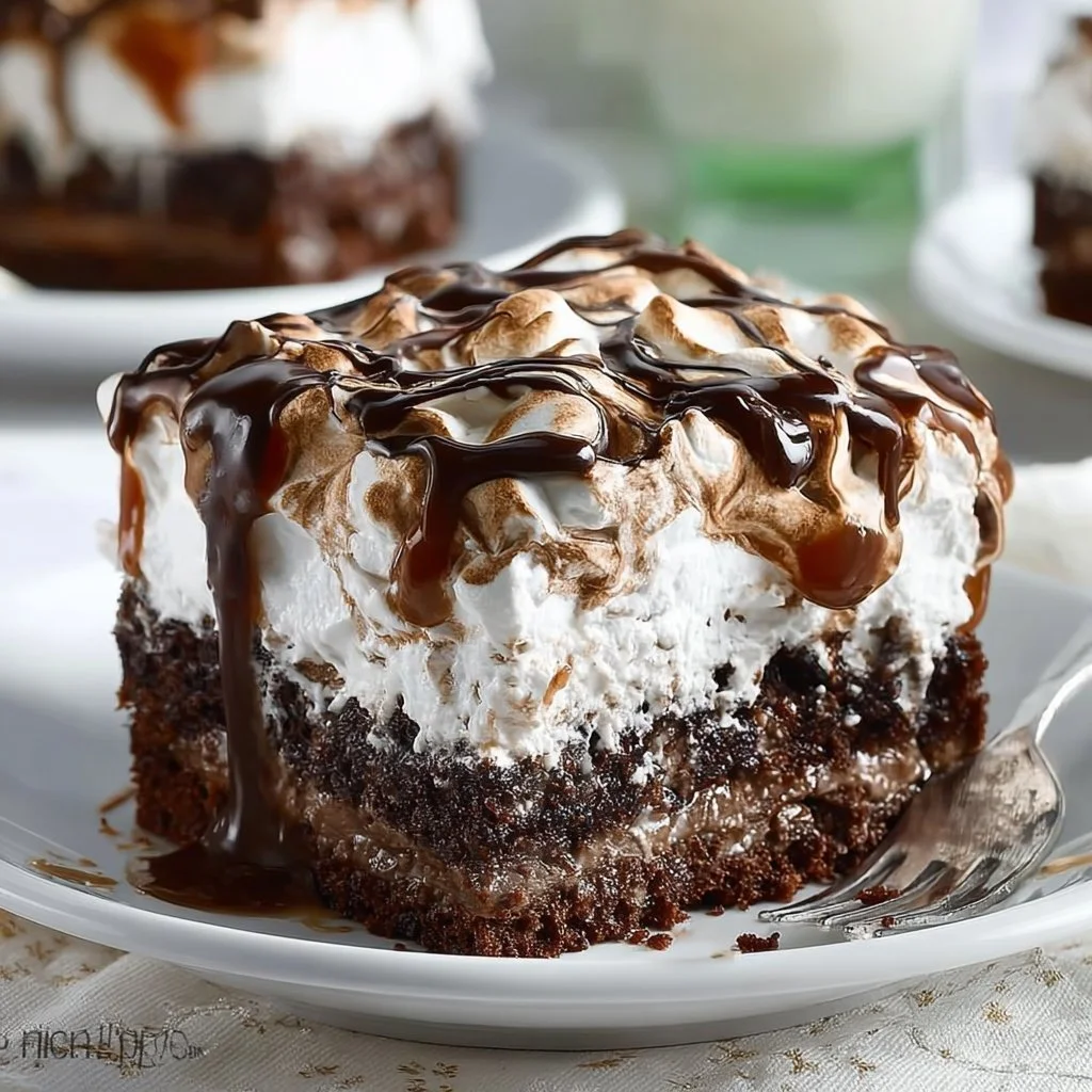 Delicious Marshmallow Chocolate Poke Cake topped with frosting and marshmallows