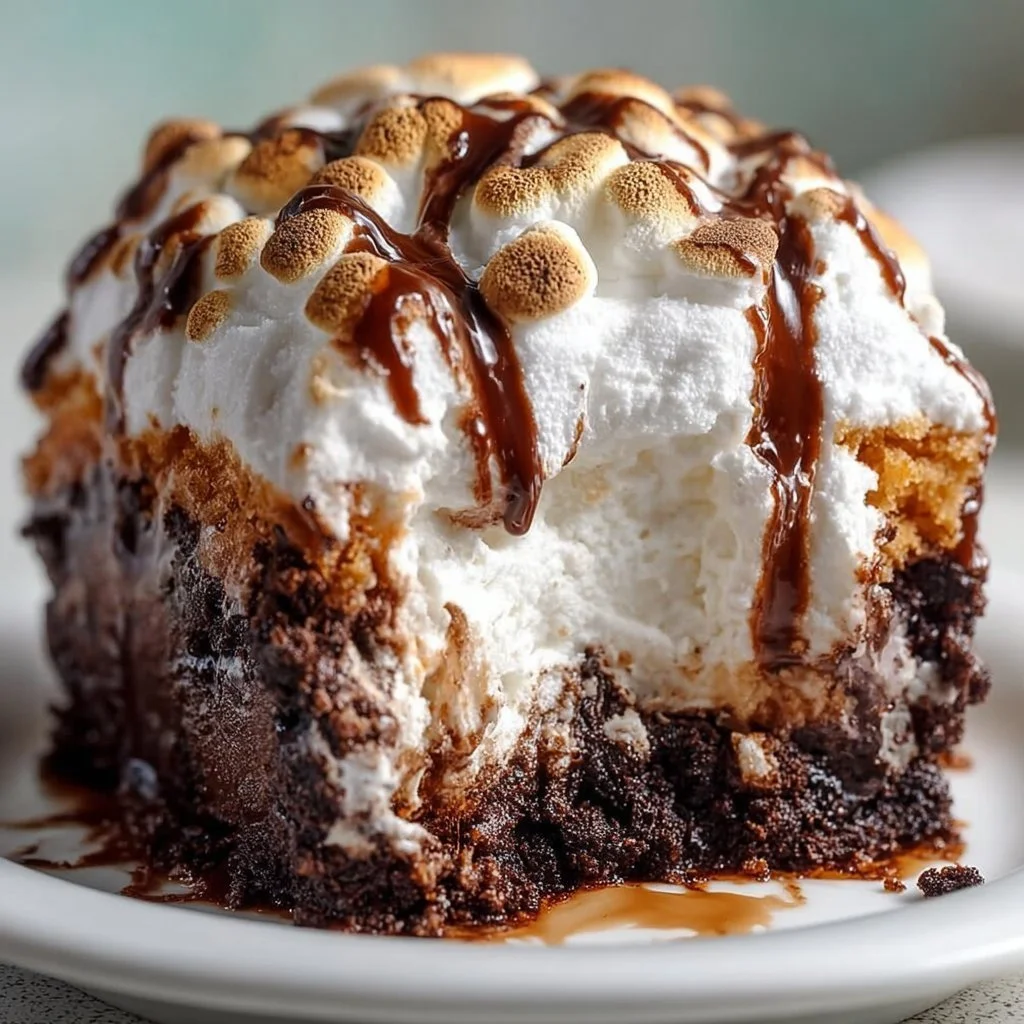 Delicious Marshmallow Chocolate Poke Cake with rich chocolate and fluffy marshmallow topping