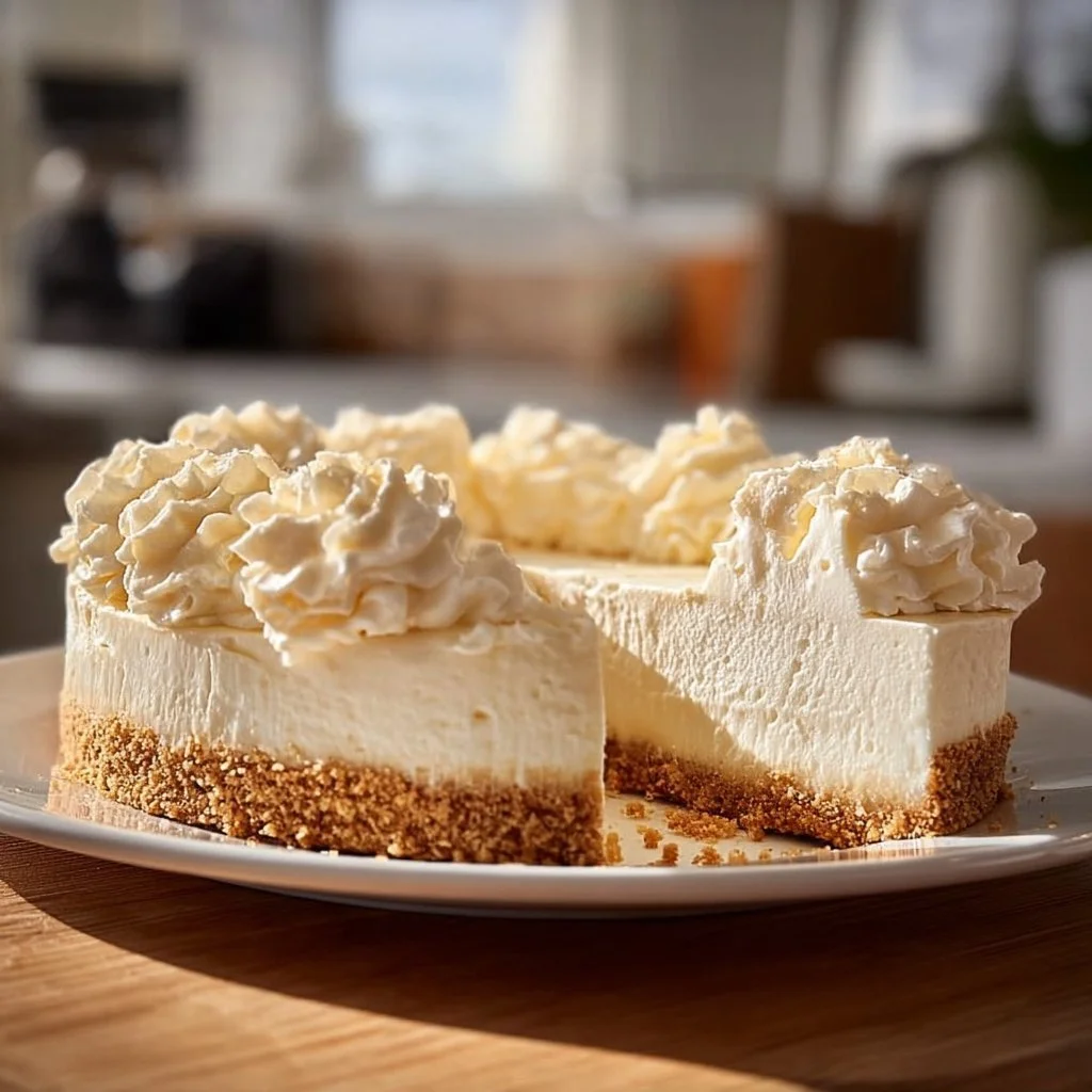 Delicious no-bake marshmallow whip cheesecake dessert topped with whipped cream