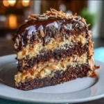 Deliciously moist German chocolate cake with rich frosting and coconut toppings