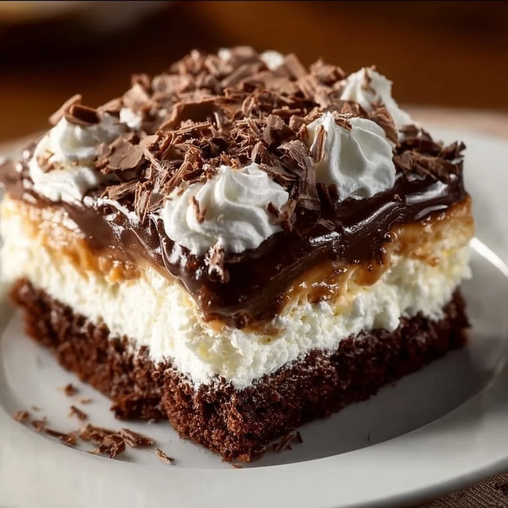 Delicious Mounds Poke Cake topped with chocolate and coconut in a baking dish.