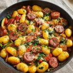 A delicious Kielbasa Gnocchi skillet dish with sausage and herbs.