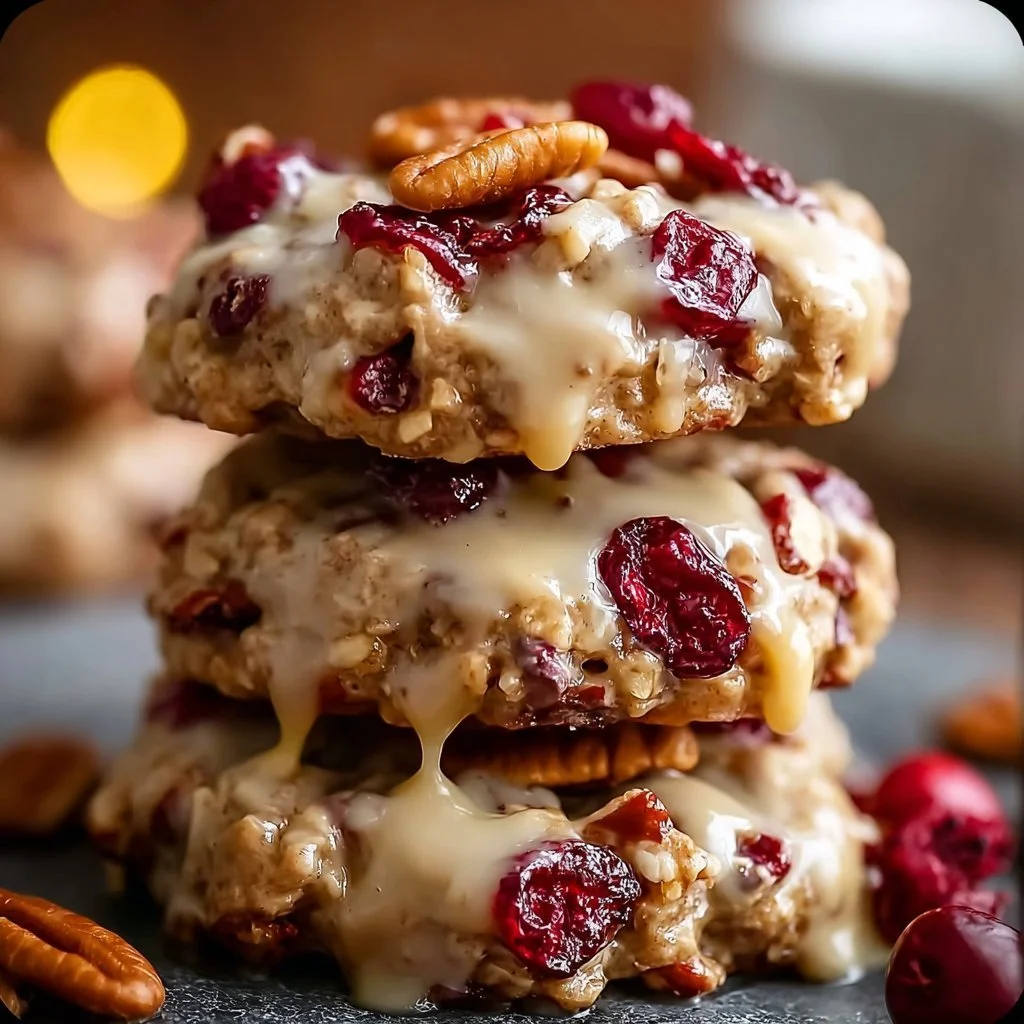 No-Bake Cranberry Pecan Praline Cookies topped with pecans and cranberries
