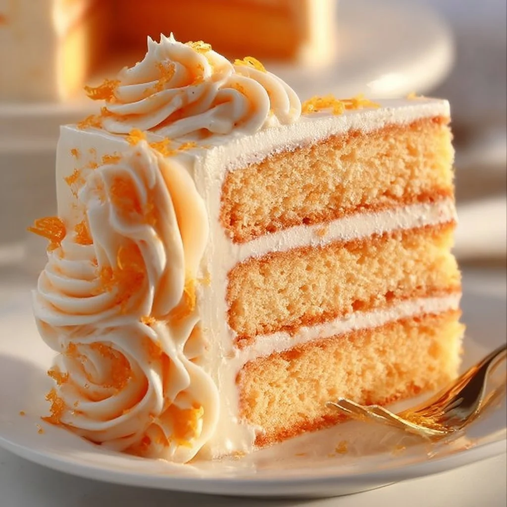 Slice of homemade Orange Creamsicle Cake with vibrant orange frosting