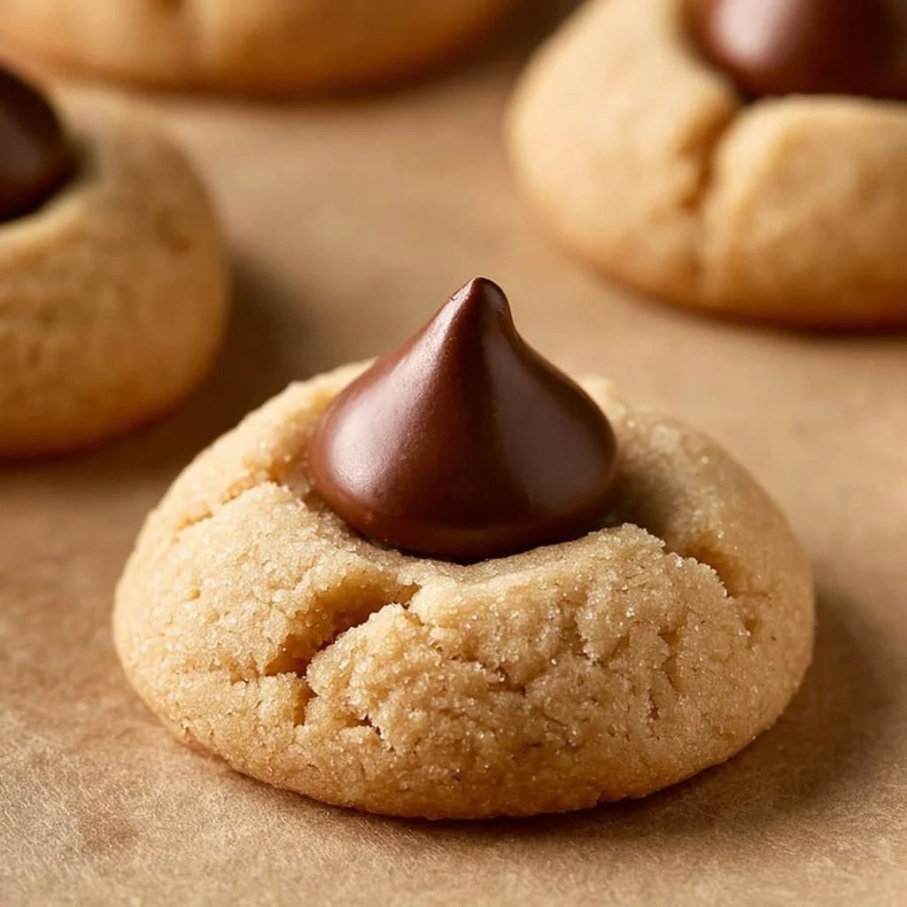 Freshly baked Peanut Butter Blossoms cookies topped with chocolate kisses