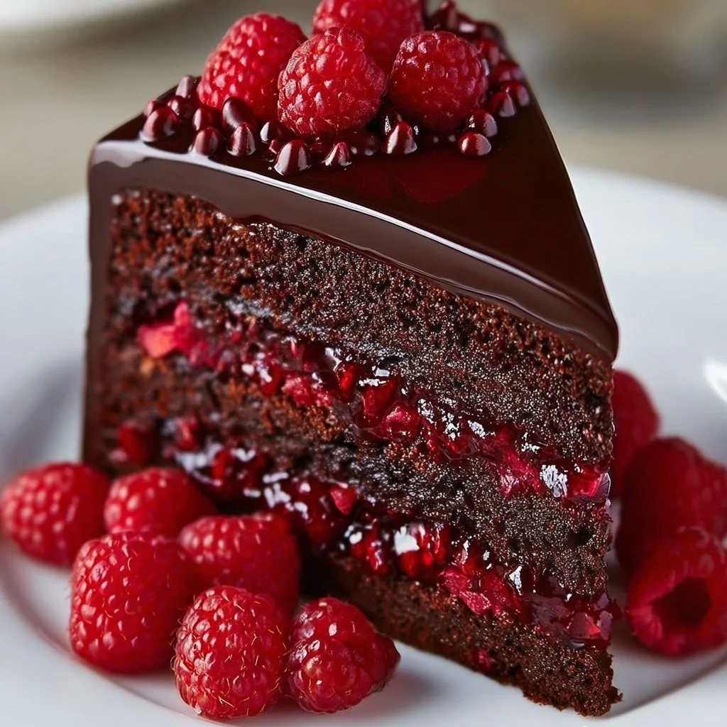 Delicious Chocolate Raspberry Truffle Cake topped with fresh raspberries and chocolate ganache