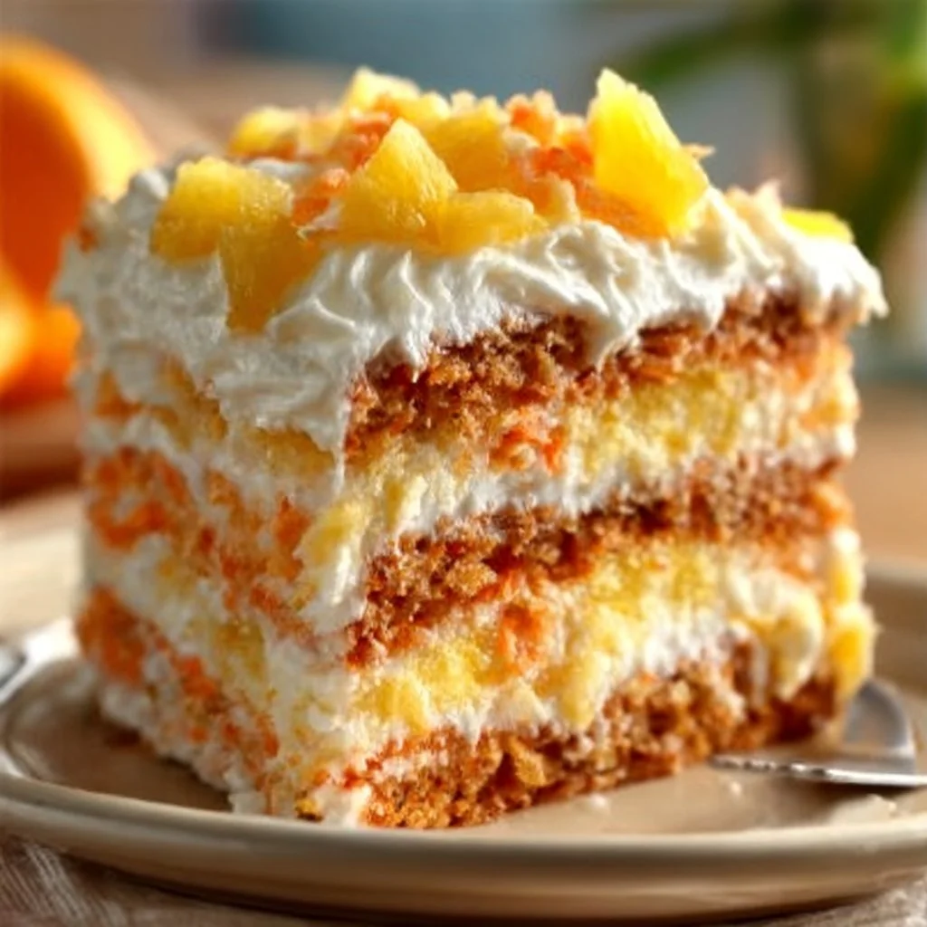 Slice of moist Pineapple Carrot Cream Cake with pineapple and carrot flavors