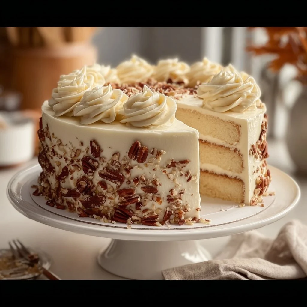 Quick Italian Cream Cake topped with creamy frosting and nuts.