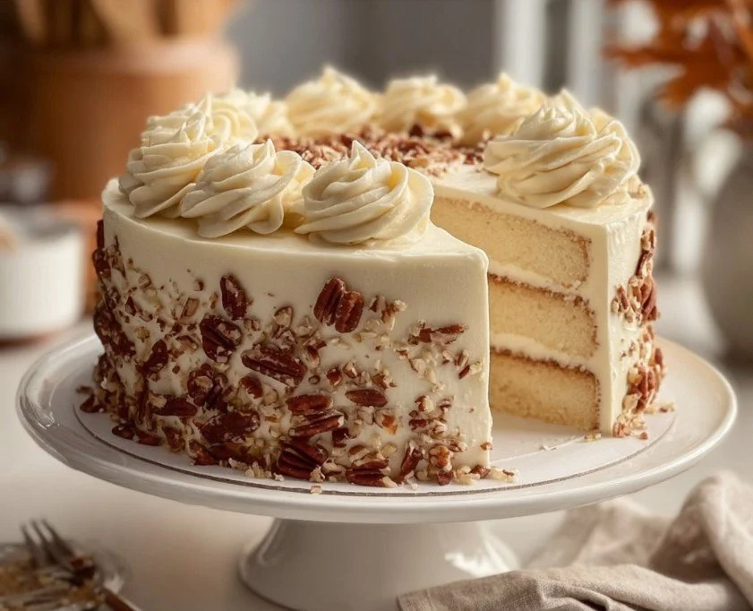 Sliced quick Italian Cream Cake showcasing layers and creamy topping.