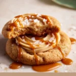 Plate of salted caramel cheesecake cookies topped with drizzled caramel.