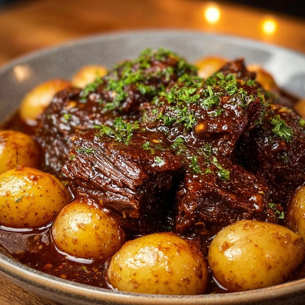 Slow cooker garlic butter beef served with potatoes and herbs