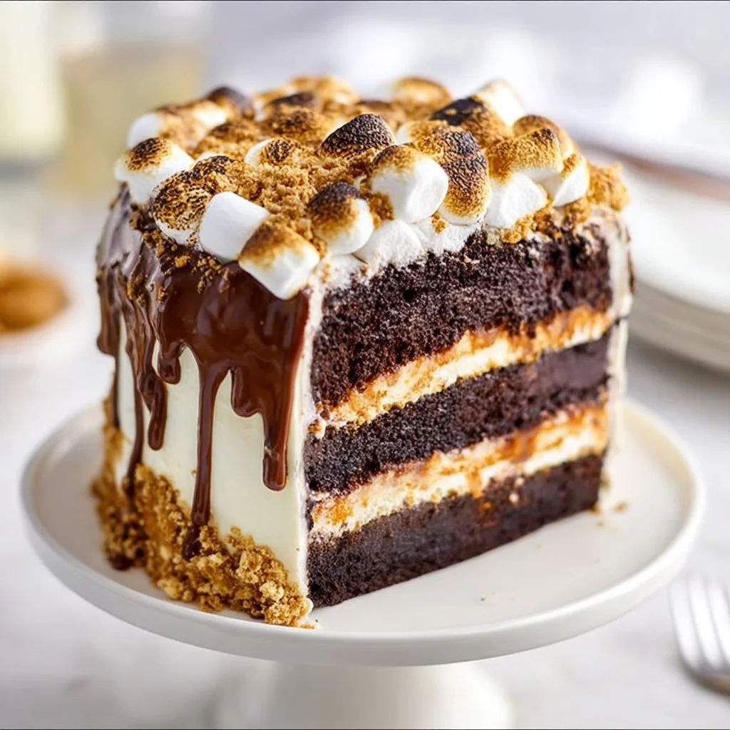 Delicious S'mores Chocolate Cake with chocolate layers, marshmallows, and graham crackers.