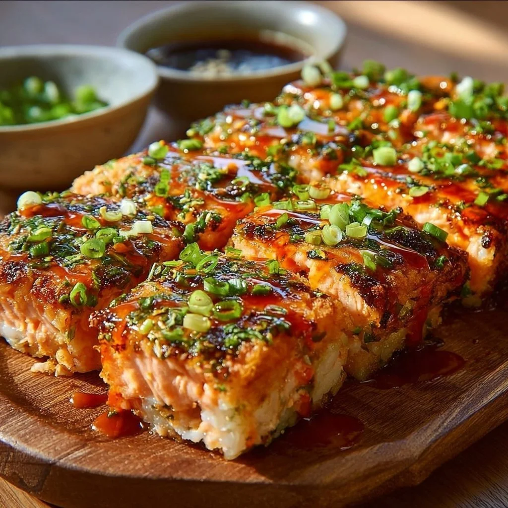 Delicious Spicy Salmon Sushi Bake served in a dish