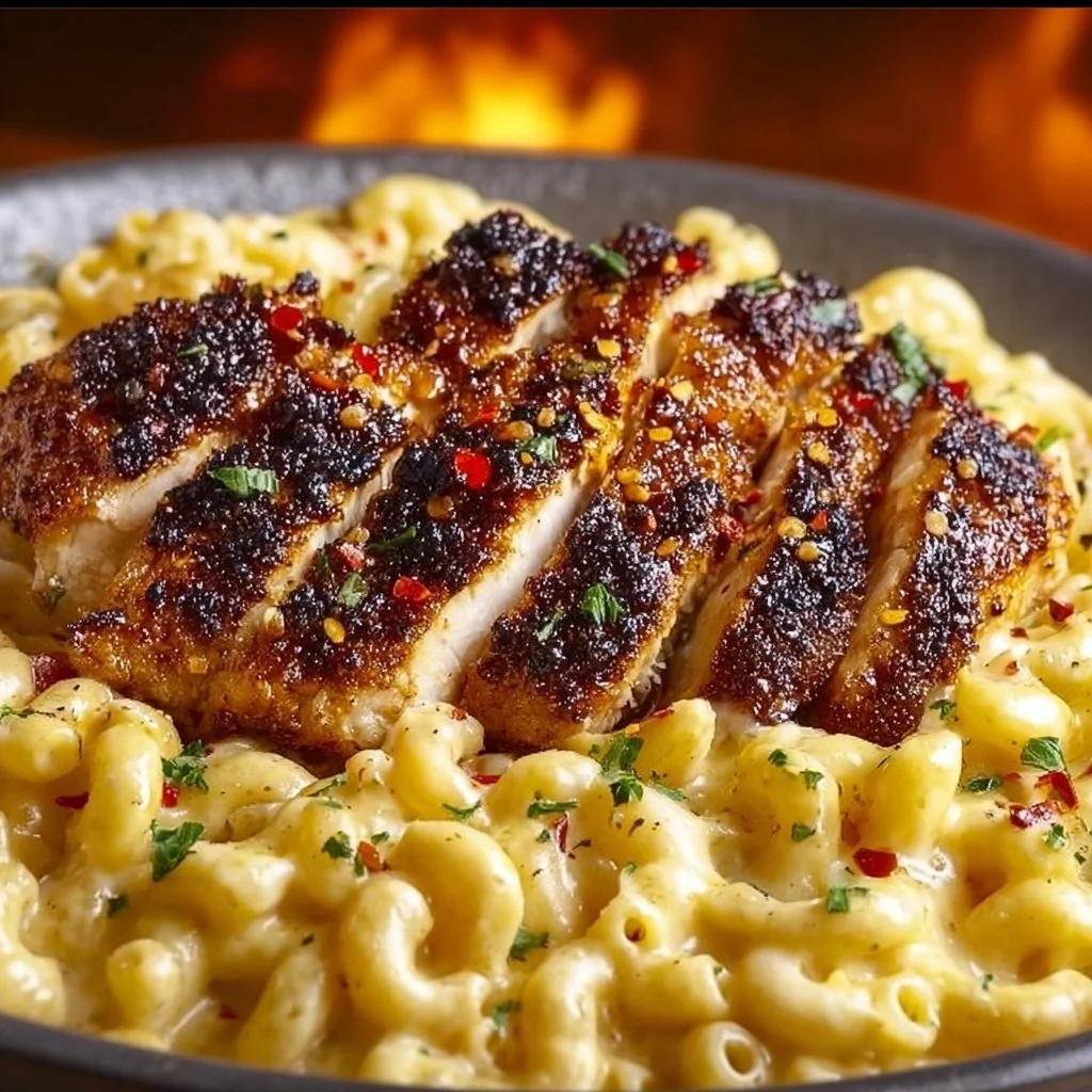 Sweet & Spicy Honey Pepper Chicken with Creamy Mac and Cheese
