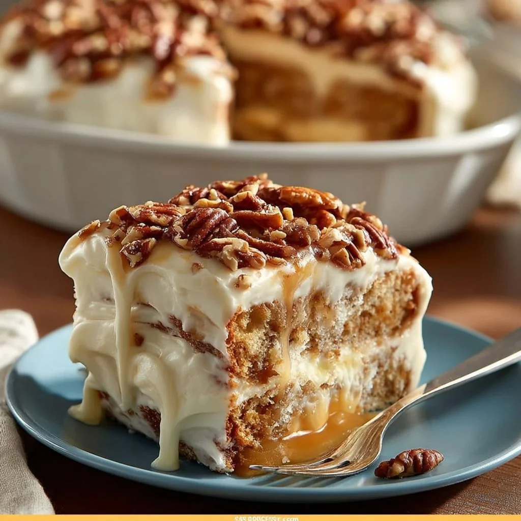 A slice of moist Texas Tornado Cake topped with creamy frosting and pecans.