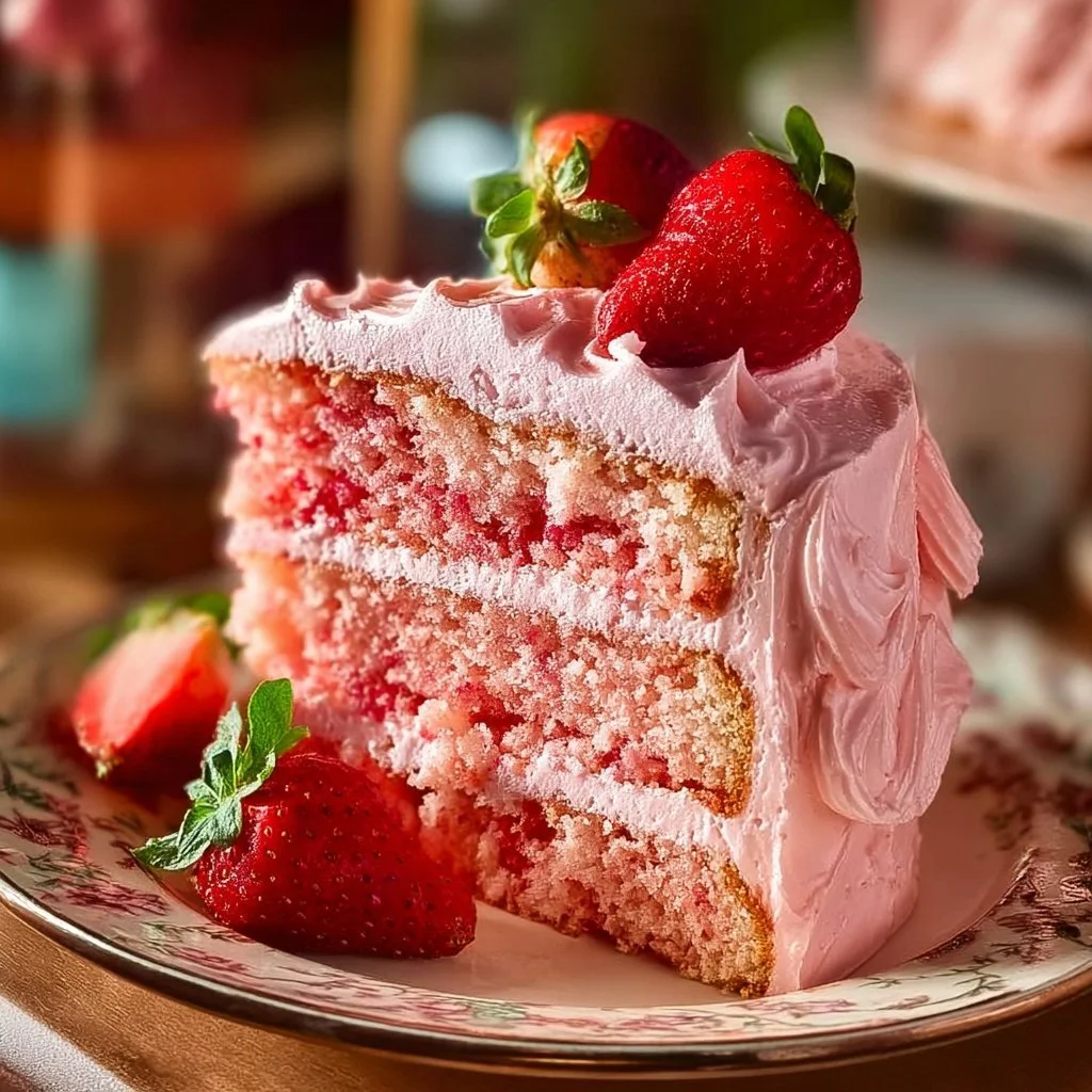 Delicious homemade strawberry cake decorated with fresh strawberries