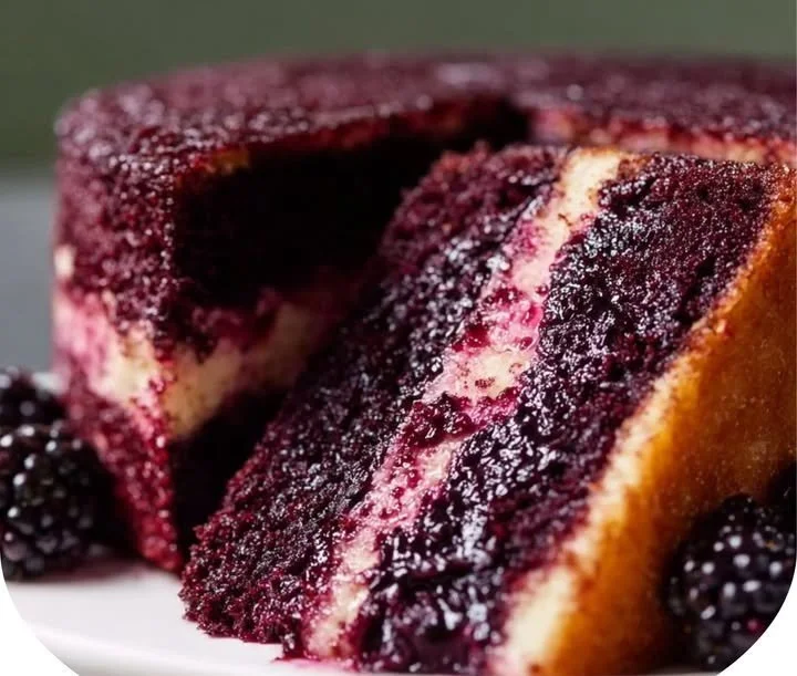 Slice of dreamy blackberry velvet cake with frosting and blackberries