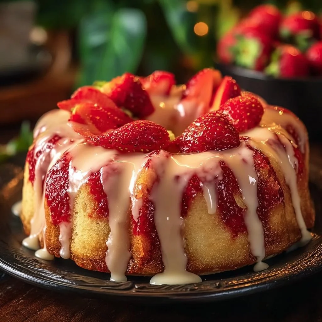 Slice of strawberry cream cheese pound cake with fresh strawberries on top