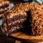 Slice of traditional German Chocolate Cake with rich chocolate frosting and coconut topping