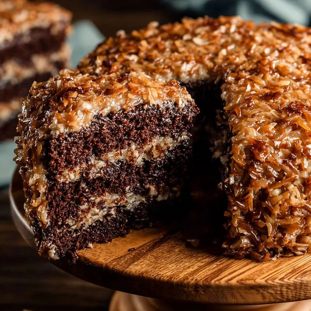 Slice of traditional German Chocolate Cake with rich chocolate frosting and coconut topping