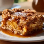 Delicious caramel apple dump cake topped with caramel sauce and apples