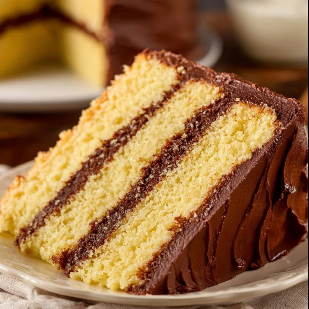 Yellow birthday cake with chocolate frosting, ideal for celebrations