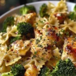 30-Minute Cowboy Chicken Broccoli Butter Lemon Bowtie Pasta plated and ready to serve
