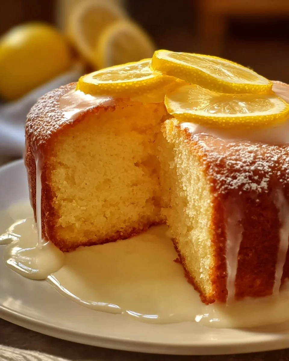 Moist lemon cake topped with creamy lemon frosting on a decorative plate.