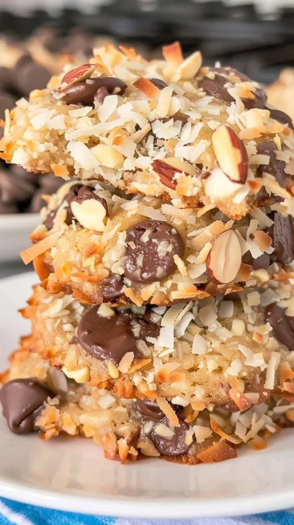 Homemade Almond Joy Cookies with chocolate, coconut, and almonds
