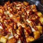 Skillet dish of BBQ chicken and potatoes garnished with herbs.