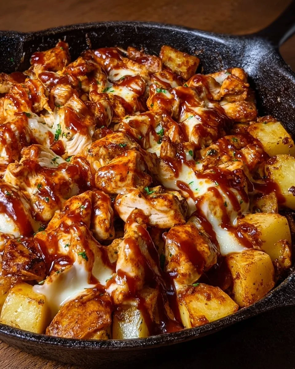 Skillet dish of BBQ chicken and potatoes garnished with herbs.