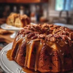 Delicious Caramel Pecan Bundt Cake topped with caramel and pecans