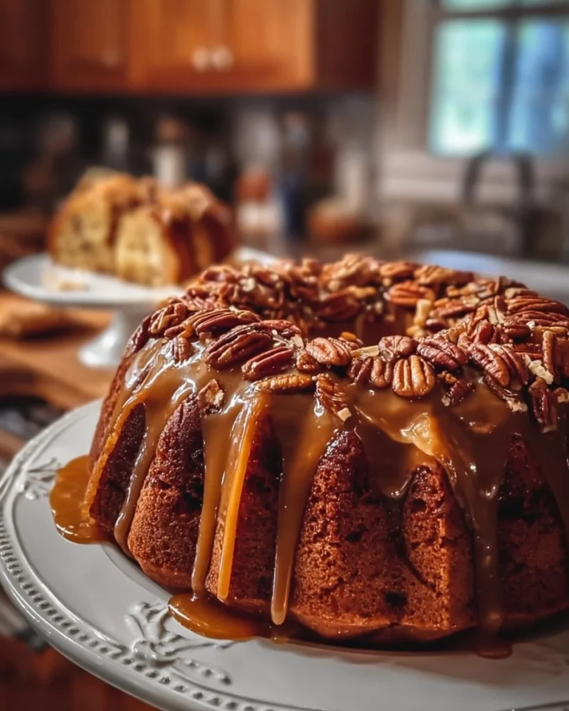 Delicious Caramel Pecan Bundt Cake topped with caramel and pecans