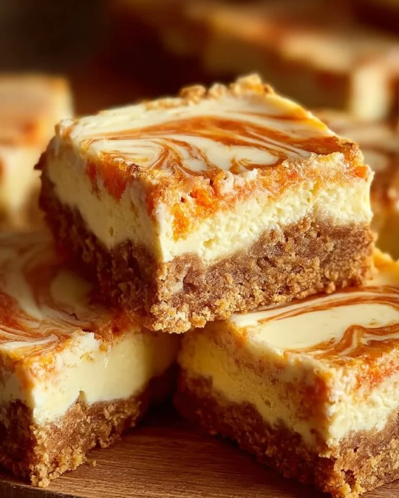 Delicious carrot cake bars with a creamy cheesecake swirl topping.