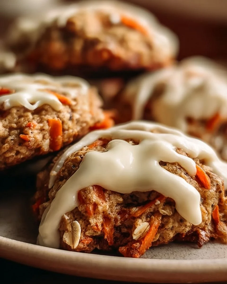Delicious Carrot Oatmeal Cookies with Cream Cheese Frosting on a plate