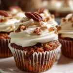 Delicious carrot pineapple cupcakes with cream cheese frosting on a rustic table.