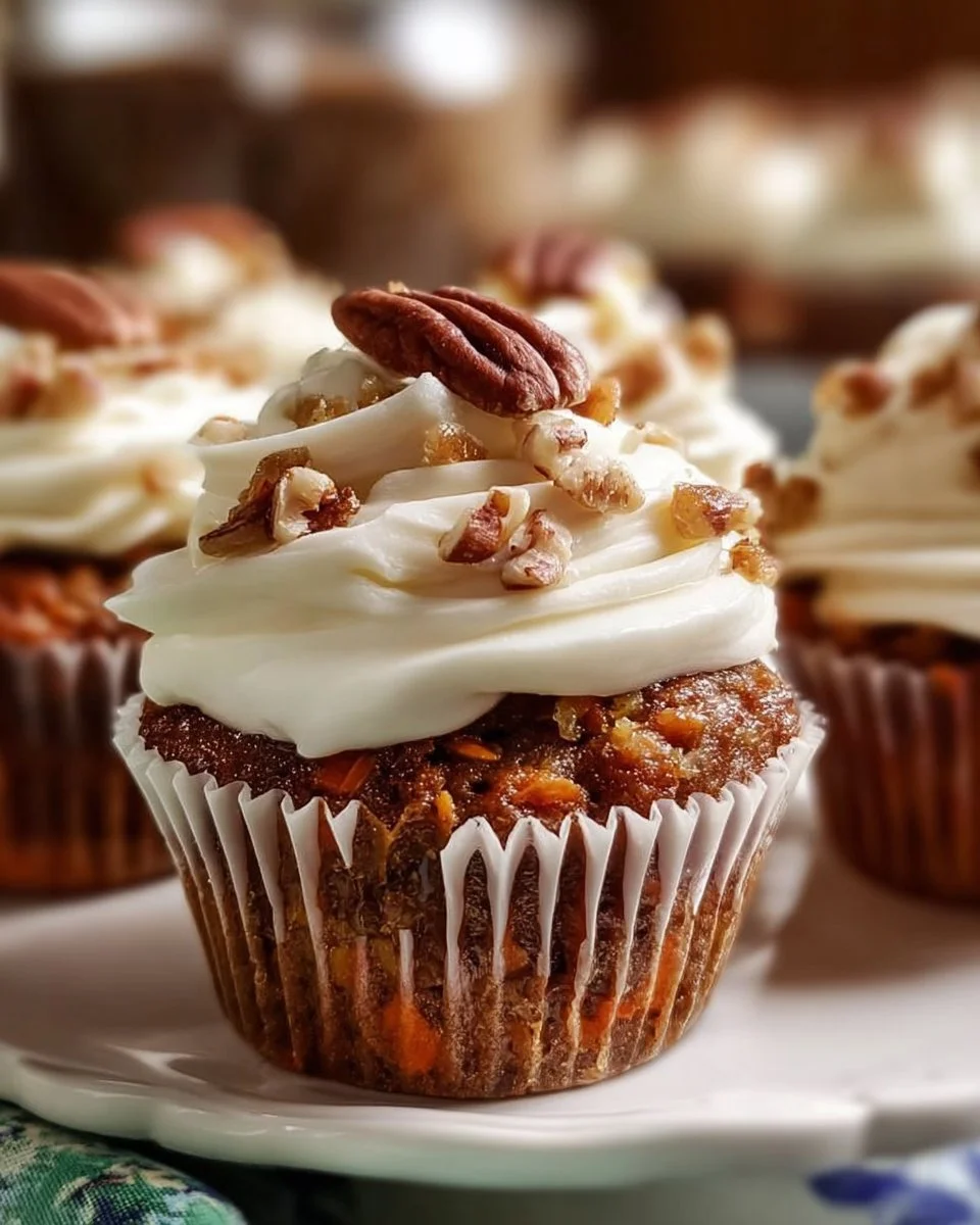 Delicious carrot pineapple cupcakes with cream cheese frosting on a rustic table.