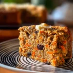 Carrot Raisin Oatmeal Yogurt Cake on a wooden table with fresh carrots and raisins