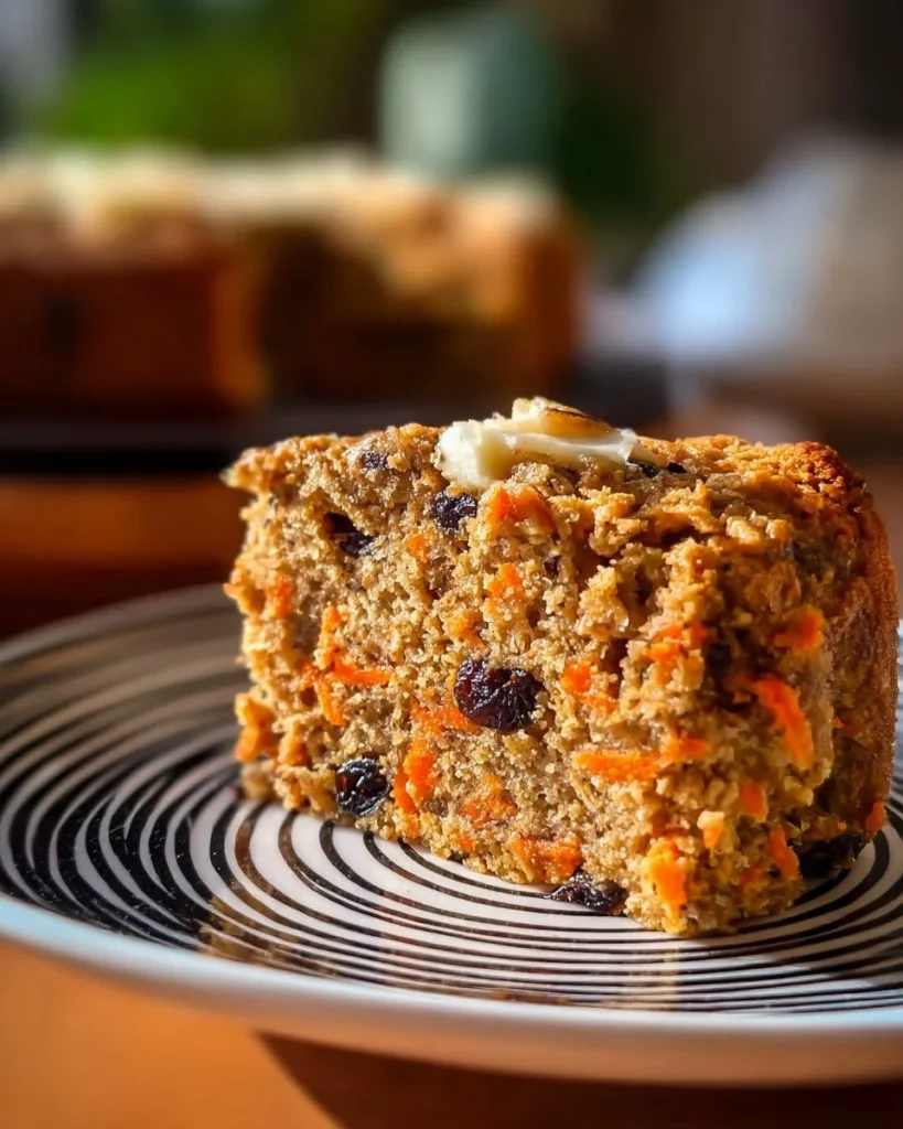 Carrot Raisin Oatmeal Yogurt Cake on a wooden table with fresh carrots and raisins