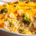 Cheesy chicken broccoli rice casserole topped with melted cheese and broccoli