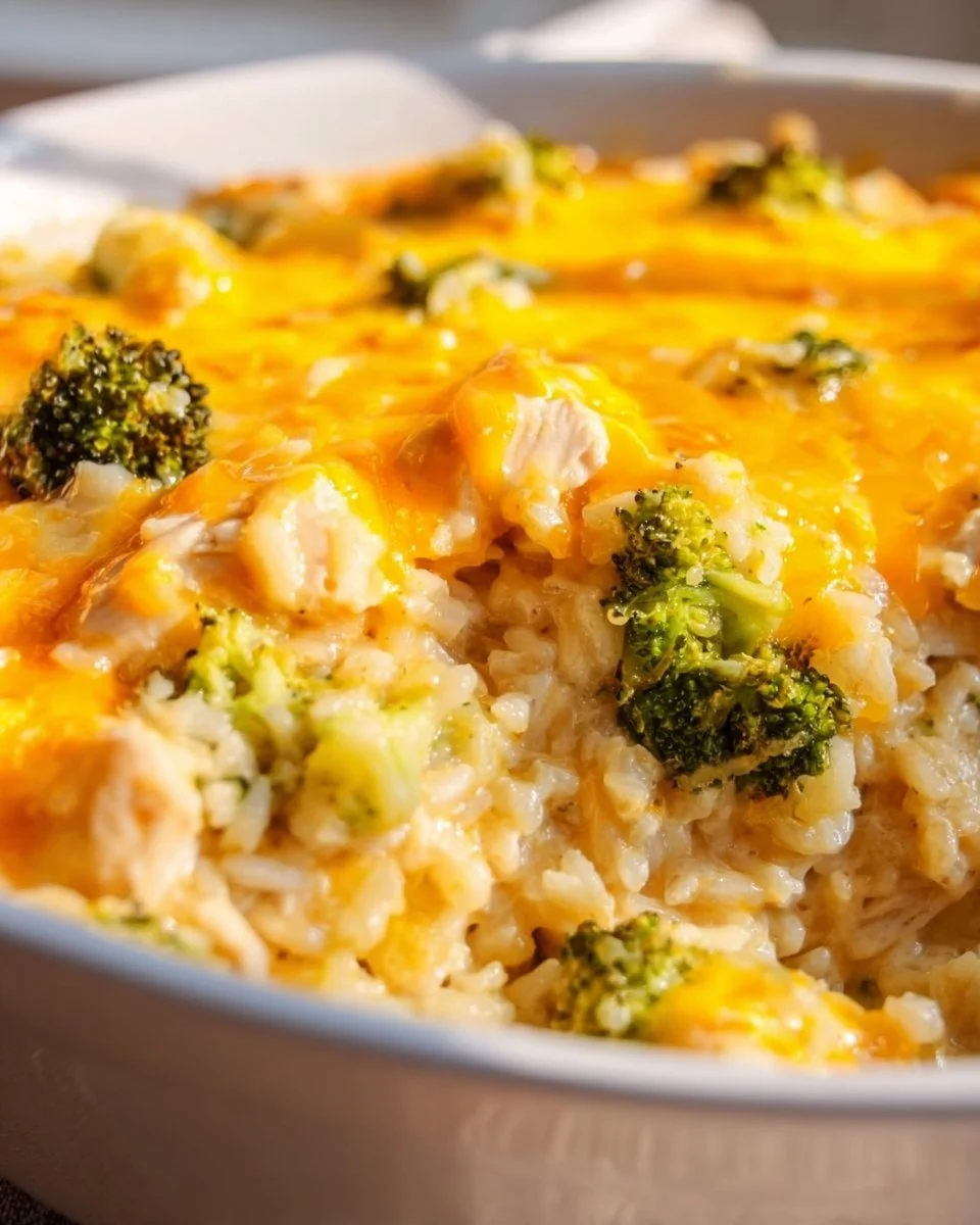 Cheesy chicken broccoli rice casserole topped with melted cheese and broccoli