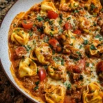 Cheesy Enchilada Beef Tortellini Skillet served in a cast-iron skillet